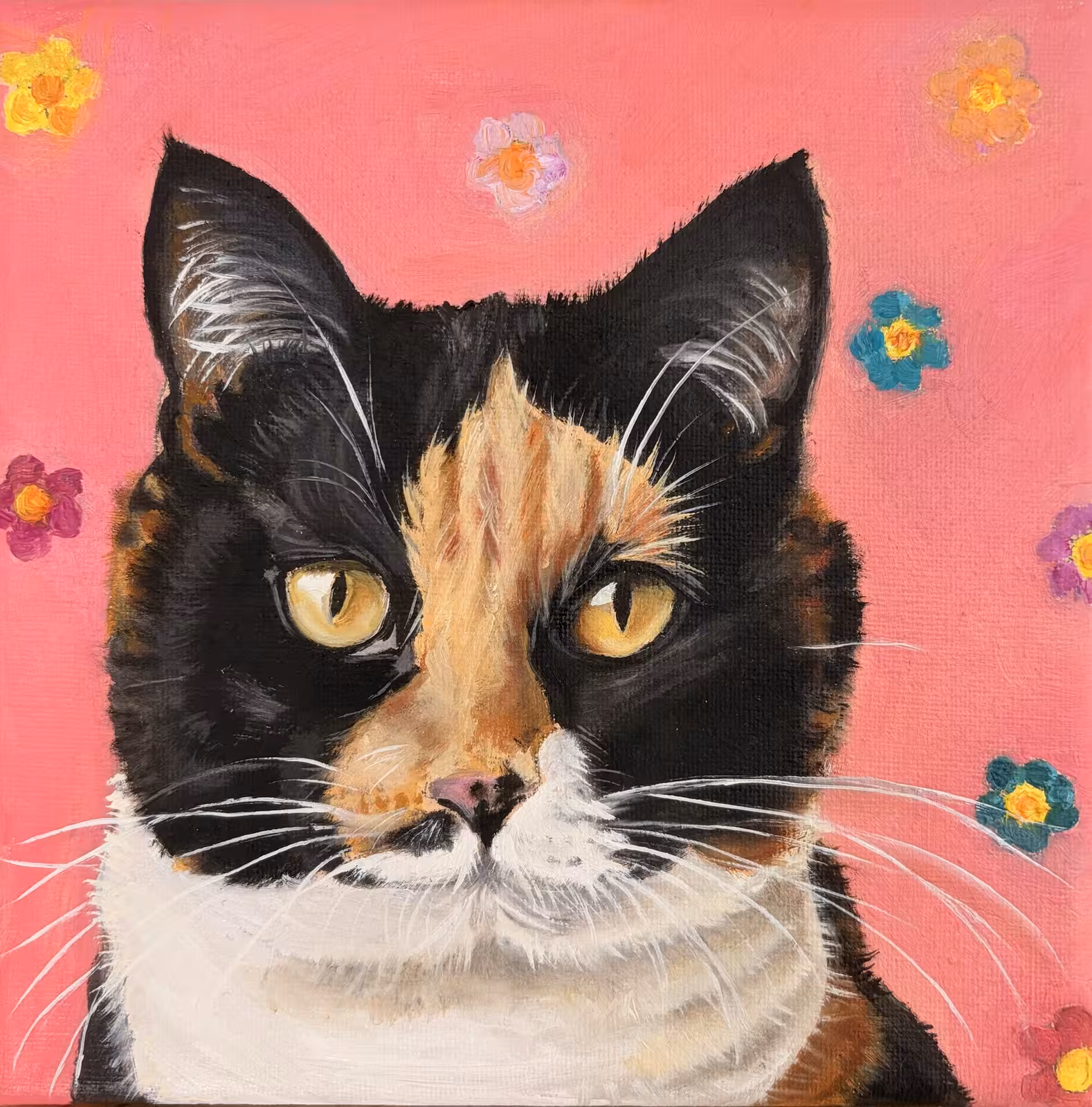 Liebe Katzenliebe LKL 08 – Calico cat against a pink background with flowers, oil on canvas by Martina Adametz